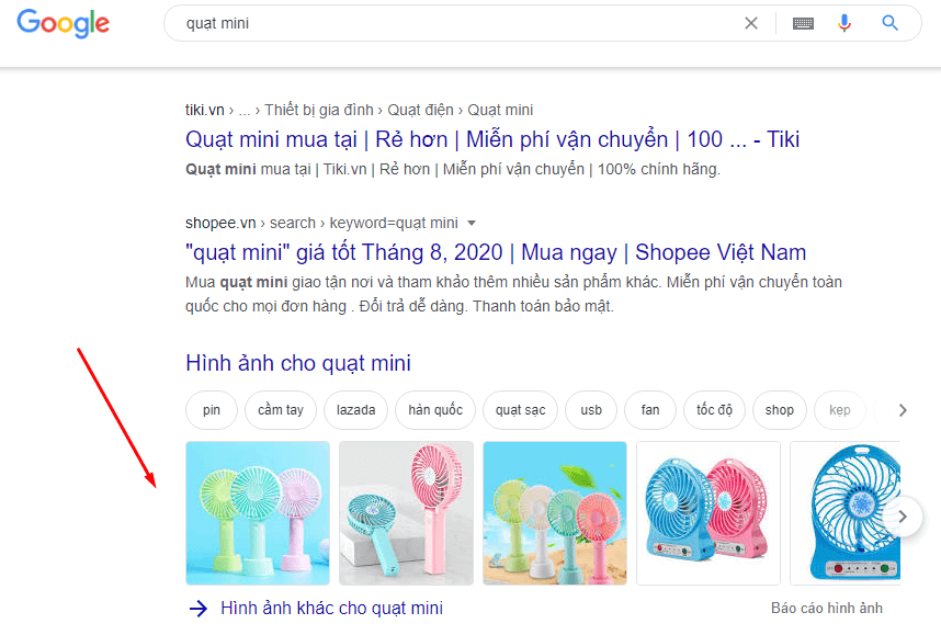 SEO bán lẻ - hình ảnh xuất hiện trên SERP