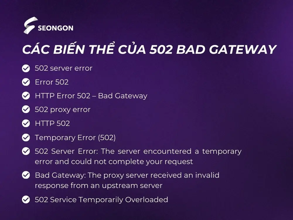 Các biến thể phổ biến của 502 Bad Gateway