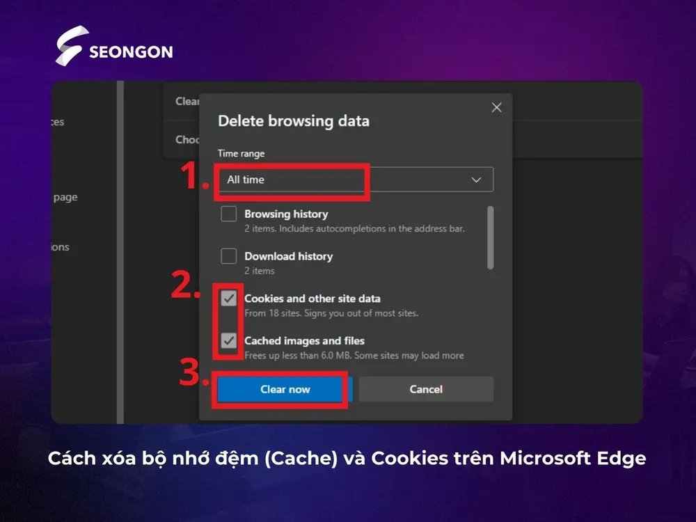 Cách xóa cache và cookies trên Edge để xử lý lỗi 503 error