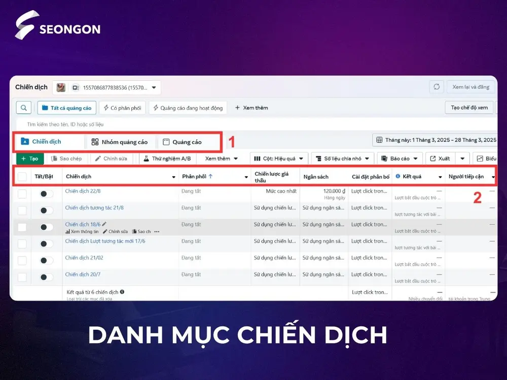 Chiến dịch là nơi bạn tạo các quảng cáo và quan sát thông số về hiệu quả