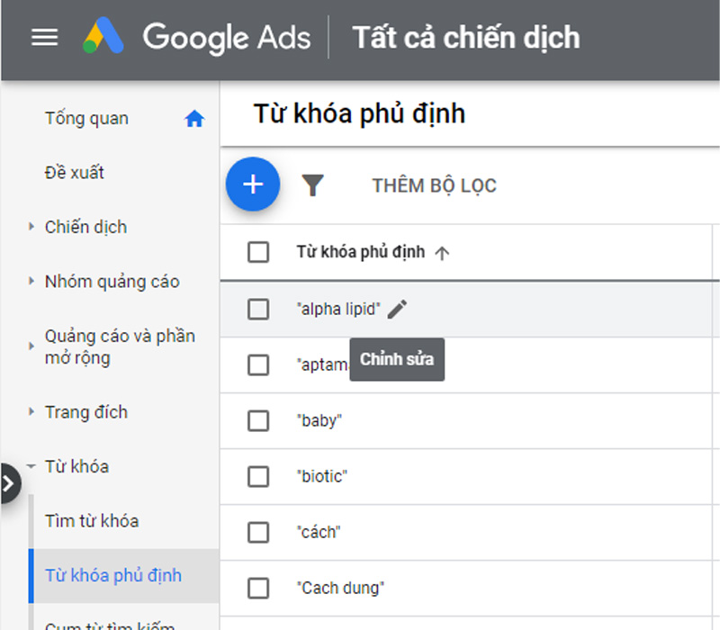 Chỉnh sửa từ khóa phủ định trong google adwords