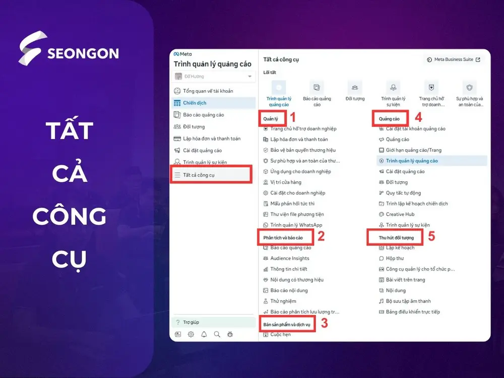 Danh mục này chứa tất cả các thao tác, cài đặt trên trình quản lý Facebook