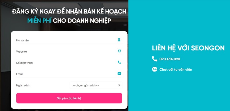 Form đăng ký tư vấn và cụm từ CTA cho dịch vụ của SEONGON