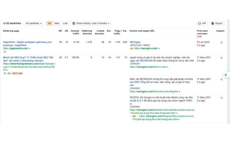 Ahrefs sẽ hiển thị danh sách backlink với các thông tin chi tiết