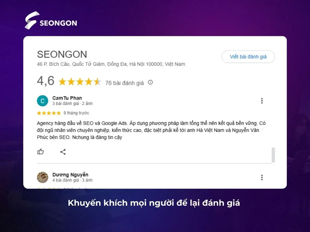 Khuyến khích người dùng đánh giá để tăng uy tín trang trong mặt Google và khách hàng