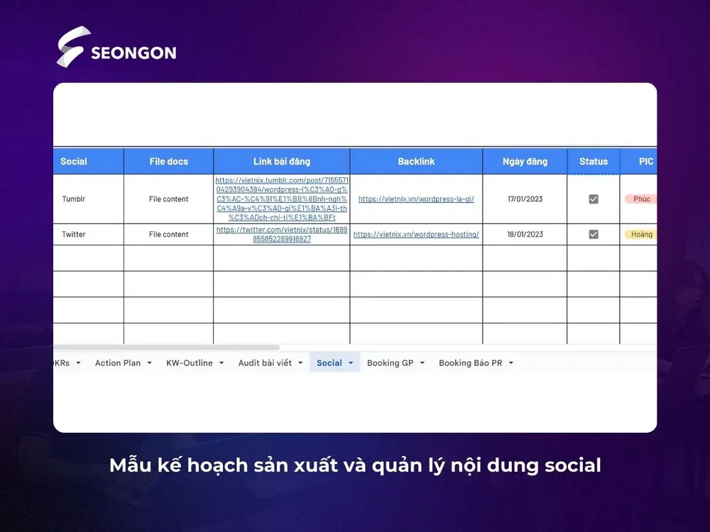 Mẫu kế hoạch sản xuất và quản lý nội dung social