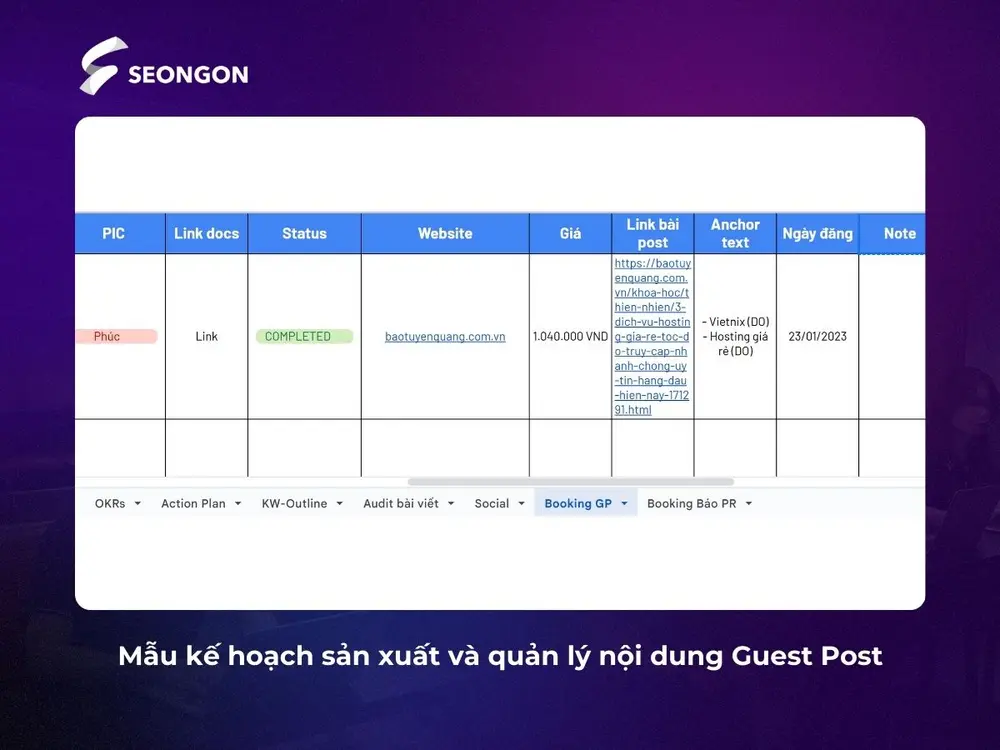 Mẫu kế hoạch sản xuất và quản lý nội dung Guest Post