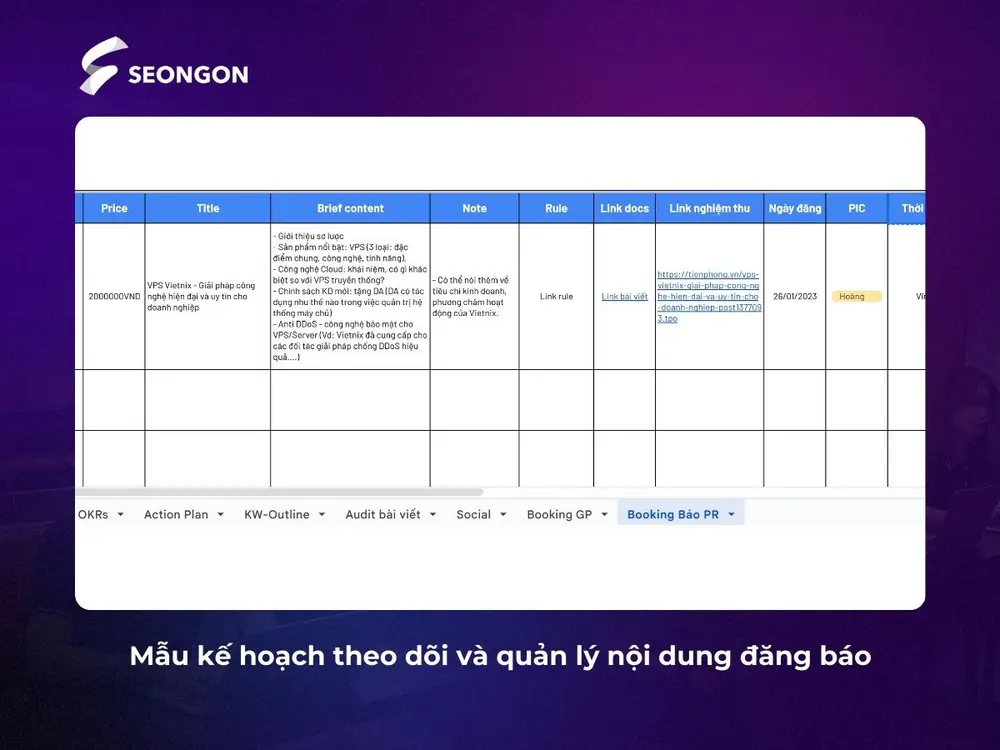 Mẫu kế hoạch theo dõi và quản lý nội dung đăng báo, PR