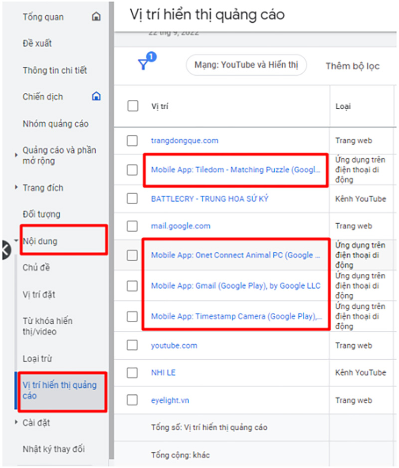 Loại trừ các vị trí hiển thị trên App