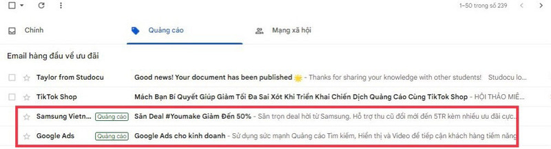 Quảng cáo Discovery hiển thị trên Gmail