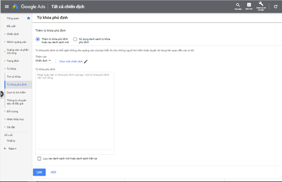 Cách thêm từ khóa phủ định trong google adwords