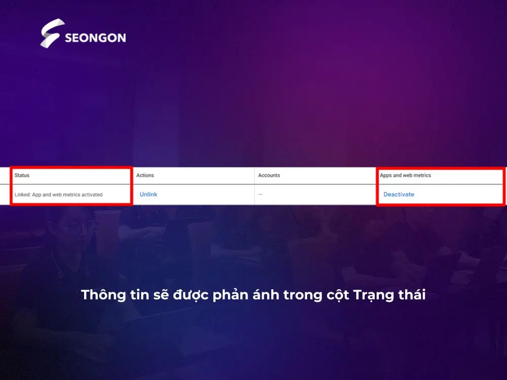 Thông tin được phản ảnh ở cột Trạng thái sau khi liên kết Google Analytics với Adwords