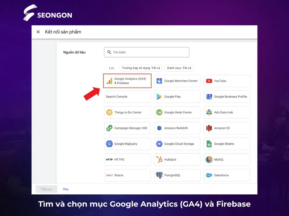 Tìm mục Google Analytics (GA4) và Firebase để thực hiện liên kết Google Analytics với Adwords