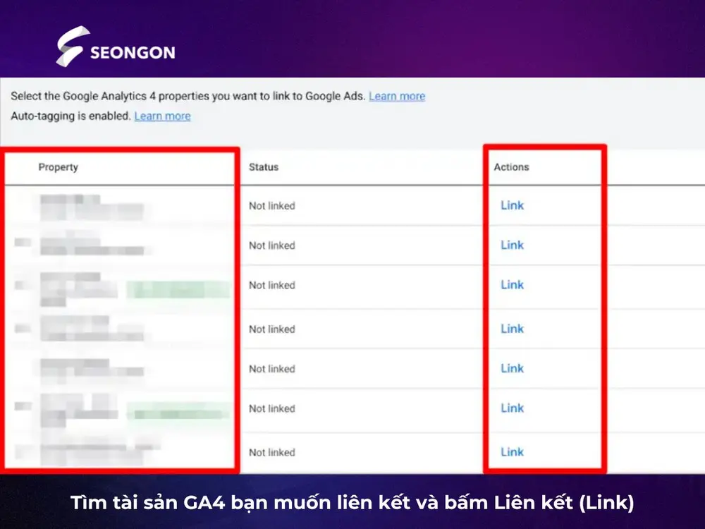 Tìm tài sản GA4 và bấm Liên kết (Link) để liên kết Google Analytics với Adwords