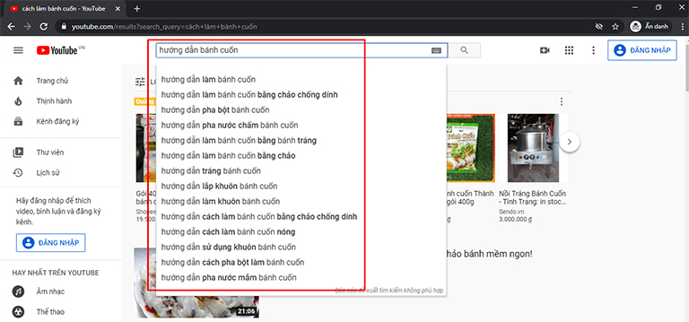 Tìm từ khóa bằng YouTube Suggest