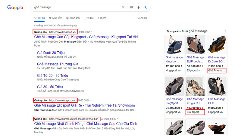 Ví dụ ngành hàng “Ghế Massage” khi tìm kiếm thấy rất nhiều các đơn vị khác nhau