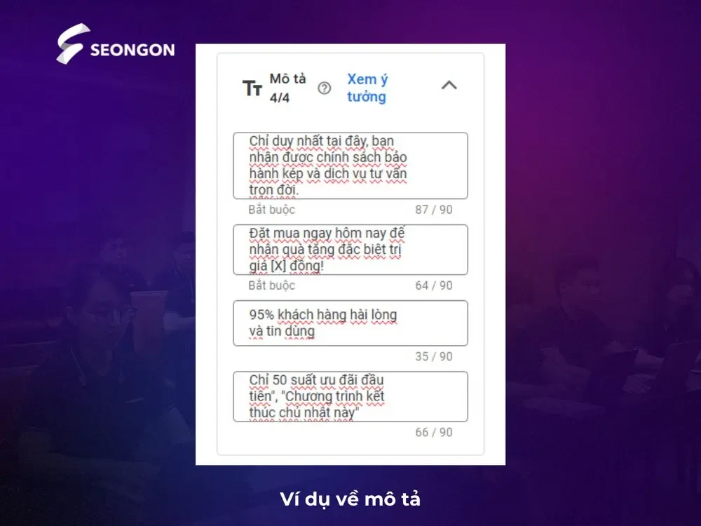 Ví dụ viết mô tả trong Google Ads
