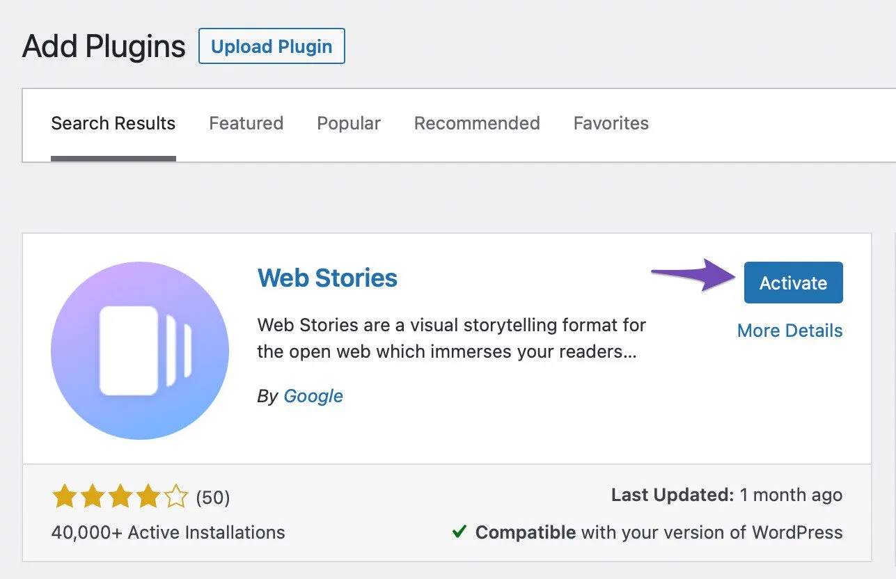 Ấn chọn Active để kích hoạt Web Stories