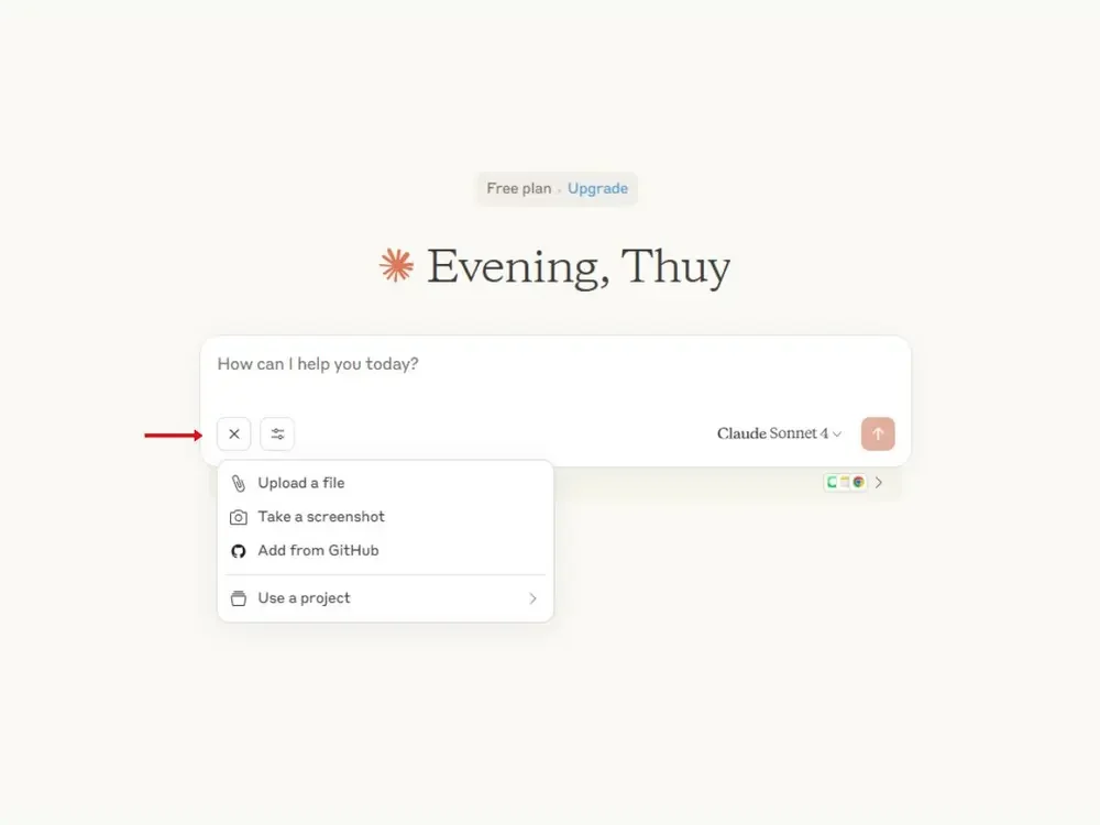 Bạn có thể nhập prompt hoặc tải tệp lên Claude