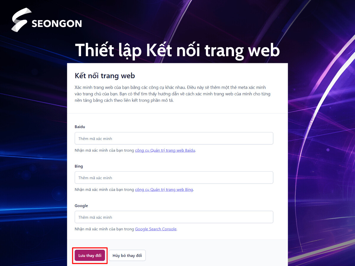 Cài đặt Kết nối trang web cho phép bạn xác minh trang web của mình