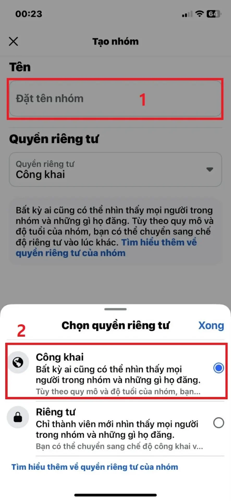 Đặt tên nhóm và cài đặt quyền riêng tư