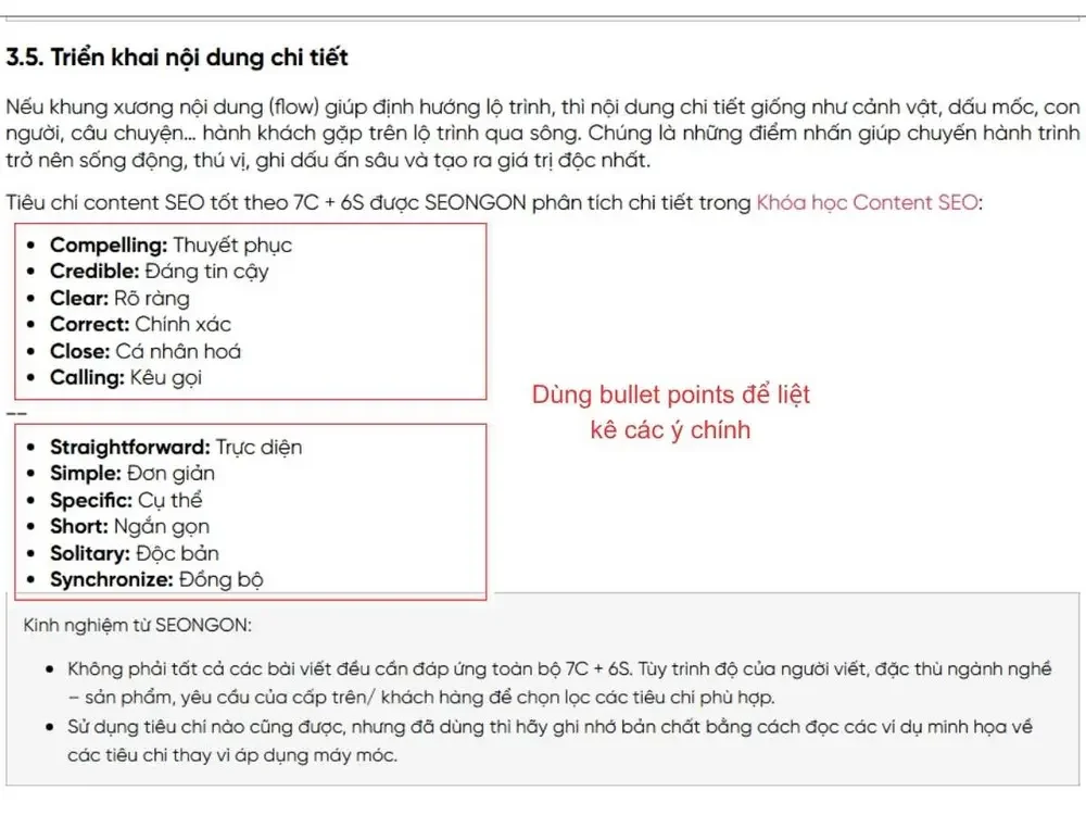 Dùng bullet points để liệt kê các ý chính